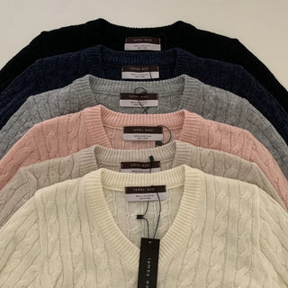 Wool cropped twist pink V-neck knit