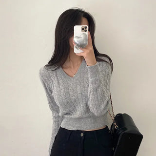 Wool cropped twist pink V-neck knit