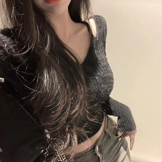 Cropped Angora Rib V-Neck Knit