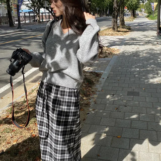 Elastic high-waisted slit pocket long check skirt