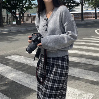 Elastic high-waisted slit pocket long check skirt