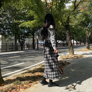 Elastic high-waisted slit pocket long check skirt