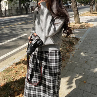 Elastic high-waisted slit pocket long check skirt