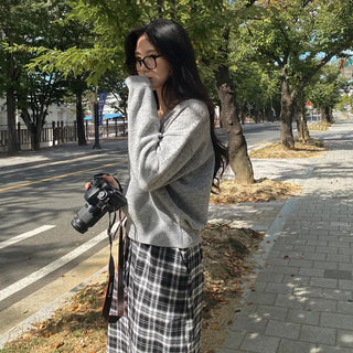 Elastic high-waisted slit pocket long check skirt