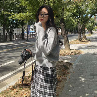 Elastic high-waisted slit pocket long check skirt