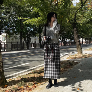 Elastic high-waisted slit pocket long check skirt