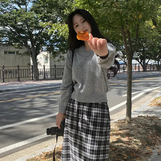 Elastic high-waisted slit pocket long check skirt