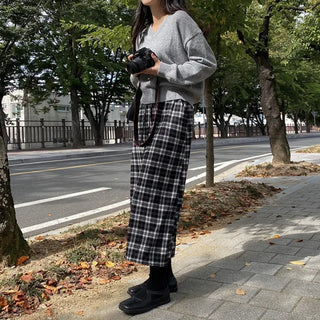 Elastic high-waisted slit pocket long check skirt