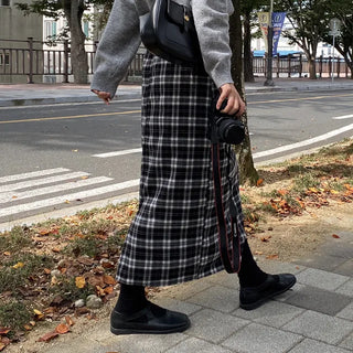 Elastic high-waisted slit pocket long check skirt