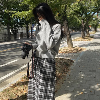 Elastic high-waisted slit pocket long check skirt
