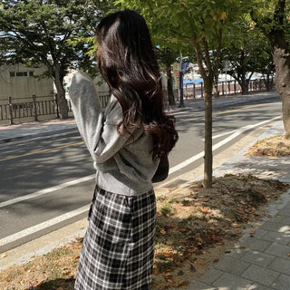 Elastic high-waisted slit pocket long check skirt