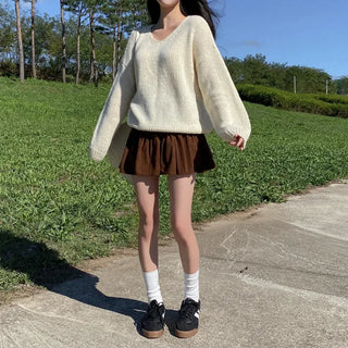 Corduroy elastic waist mini tiered skort