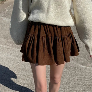 Corduroy elastic waist mini tiered skort