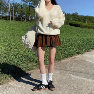 Corduroy elastic waist mini tiered skort