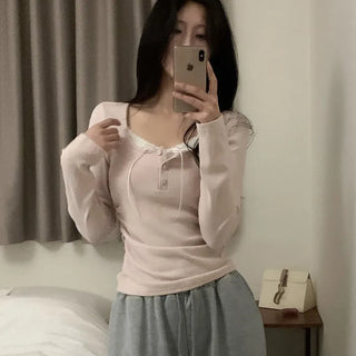Layered Ribbon Lace Shirring Button T-Shirt