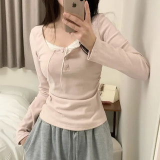 Layered Ribbon Lace Shirring Button T-Shirt