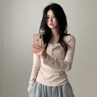 Layered Ribbon Lace Shirring Button T-Shirt