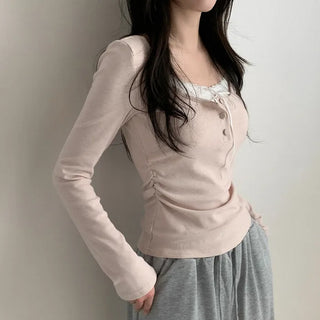 Layered Ribbon Lace Shirring Button T-Shirt