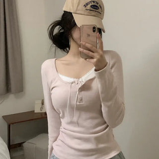 Layered Ribbon Lace Shirring Button T-Shirt