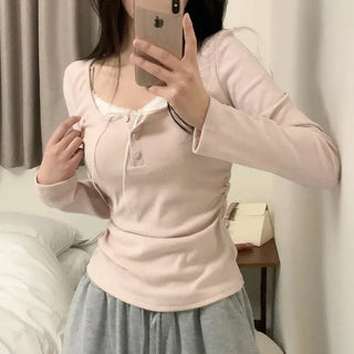 Layered Ribbon Lace Shirring Button T-Shirt