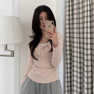Layered Ribbon Lace Shirring Button T-Shirt