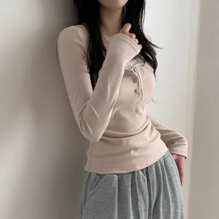 Layered Ribbon Lace Shirring Button T-Shirt