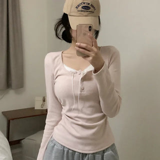 Layered Ribbon Lace Shirring Button T-Shirt