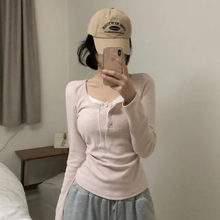 Layered Ribbon Lace Shirring Button T-Shirt
