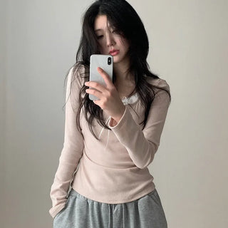 Layered Ribbon Lace Shirring Button T-Shirt