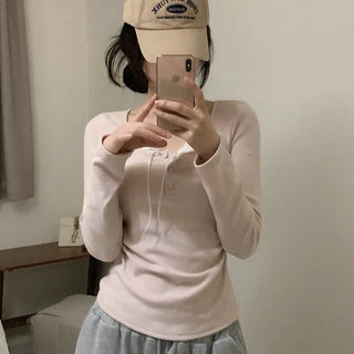 Layered Ribbon Lace Shirring Button T-Shirt