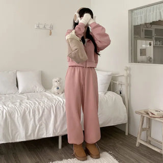 Fleece-lined training elastic string jogger wide pants