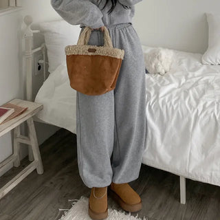 Fleece-lined training elastic string jogger wide pants