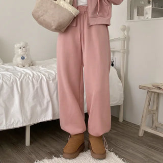 Fleece-lined training elastic string jogger wide pants