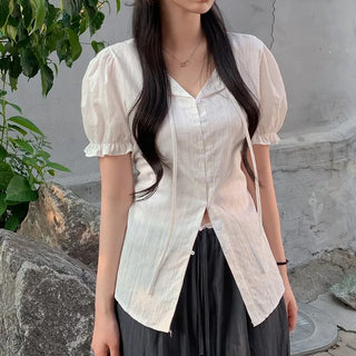 Ribbon frill puff short-sleeved blouse