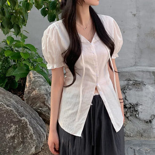 Ribbon frill puff short-sleeved blouse