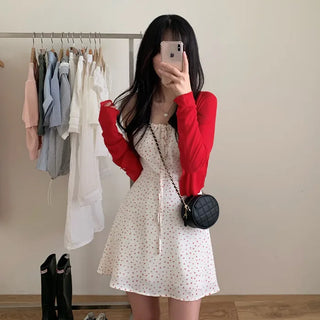 Flower Shirring Ribbon Flare Camisole Dress