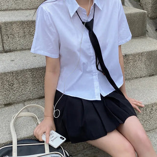 [Belt set/Pants-style lining included] Pleated mini A-line belted cotton skirt