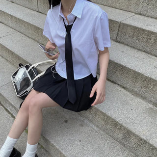 [Belt set/Pants-style lining included] Pleated mini A-line belted cotton skirt