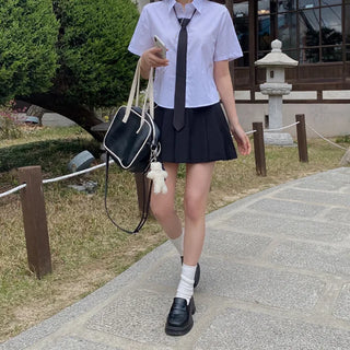 [Belt set/Pants-style lining included] Pleated mini A-line belted cotton skirt