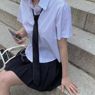 [Belt set/Pants-style lining included] Pleated mini A-line belted cotton skirt