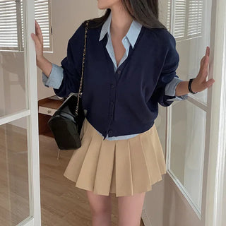 Long-sleeved basic V-neck knit loose-fit layered cardigan