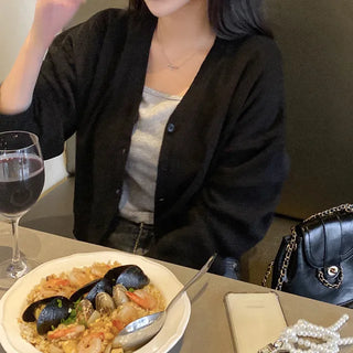 Long-sleeved basic V-neck knit loose-fit layered cardigan