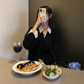 Long-sleeved basic V-neck knit loose-fit layered cardigan