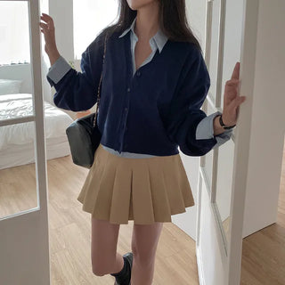 Long-sleeved basic V-neck knit loose-fit layered cardigan