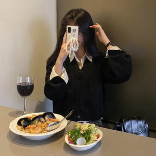 Long-sleeved basic V-neck knit loose-fit layered cardigan