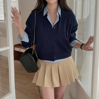 Long-sleeved basic V-neck knit loose-fit layered cardigan