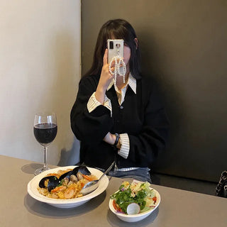 Long-sleeved basic V-neck knit loose-fit layered cardigan