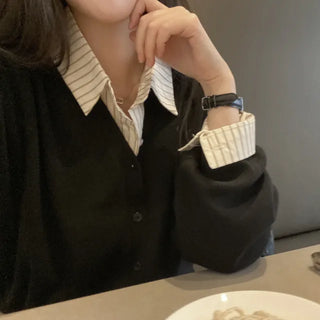 Long-sleeved basic V-neck knit loose-fit layered cardigan