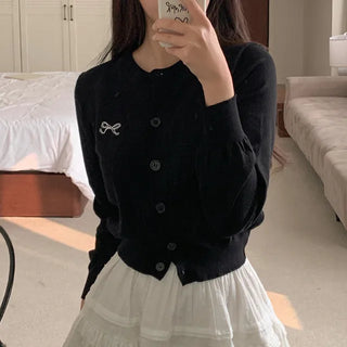 Black Round Ribbon Stitch Knit Cardigan