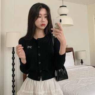 Black Round Ribbon Stitch Knit Cardigan